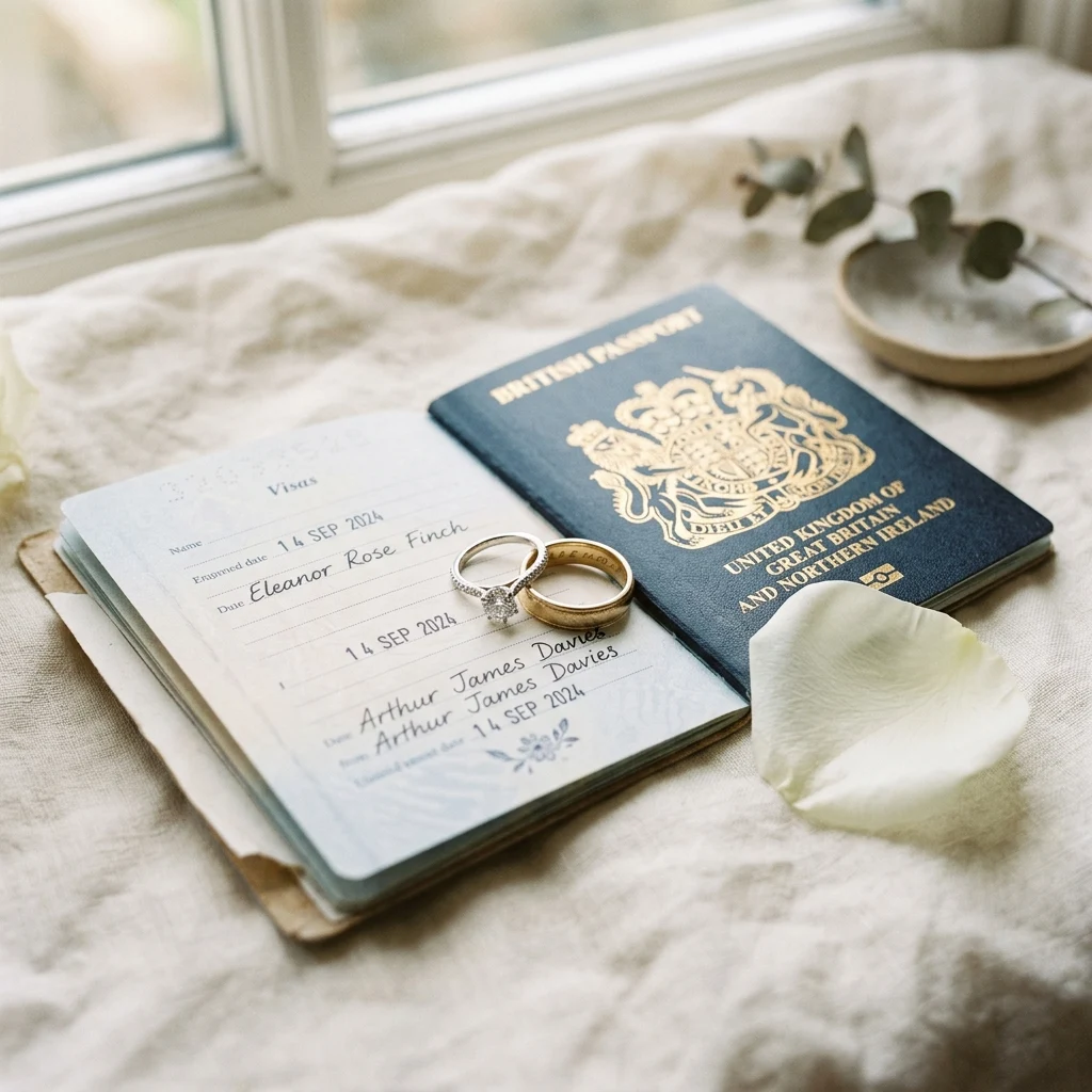 Wedding rings on a passport — travel and love intertwined